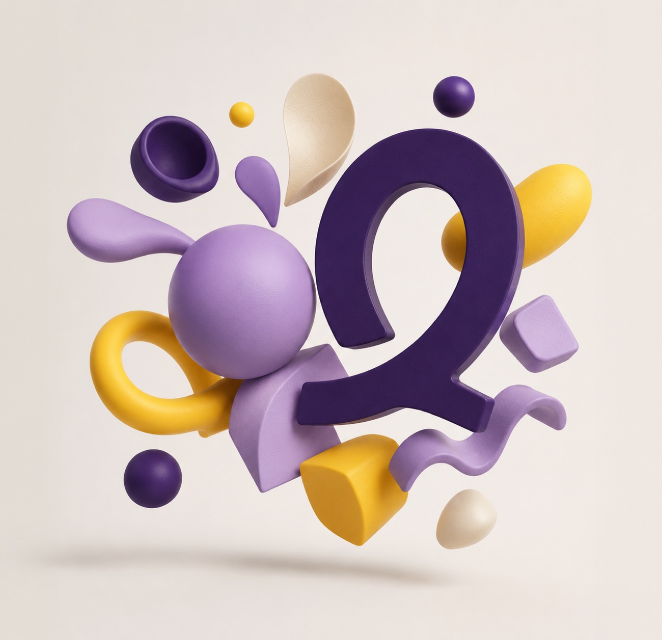 Composición 3D con formas abstractas en morado y amarillo